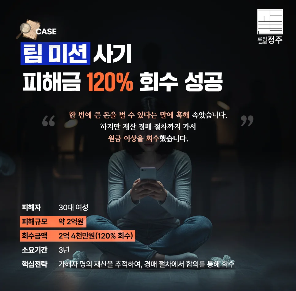 30대 여성 팀 미션 사기 2억 4천만원 회수 성공사례